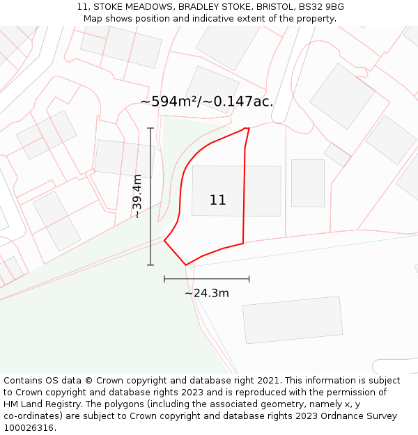 11, STOKE MEADOWS, BRADLEY STOKE, BRISTOL, BS32 9BG: Plot and title map