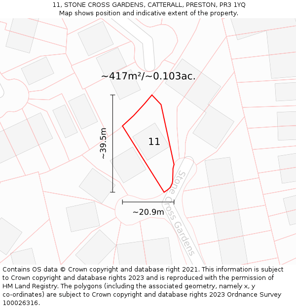 11, STONE CROSS GARDENS, CATTERALL, PRESTON, PR3 1YQ: Plot and title map