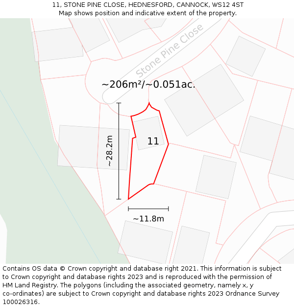 11, STONE PINE CLOSE, HEDNESFORD, CANNOCK, WS12 4ST: Plot and title map