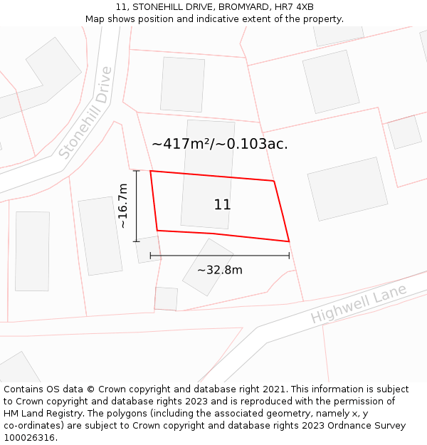 11, STONEHILL DRIVE, BROMYARD, HR7 4XB: Plot and title map