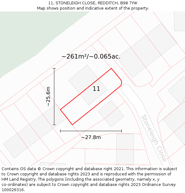 11, STONELEIGH CLOSE, REDDITCH, B98 7YW: Plot and title map