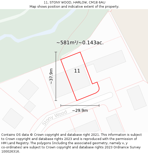 11, STONY WOOD, HARLOW, CM18 6AU: Plot and title map