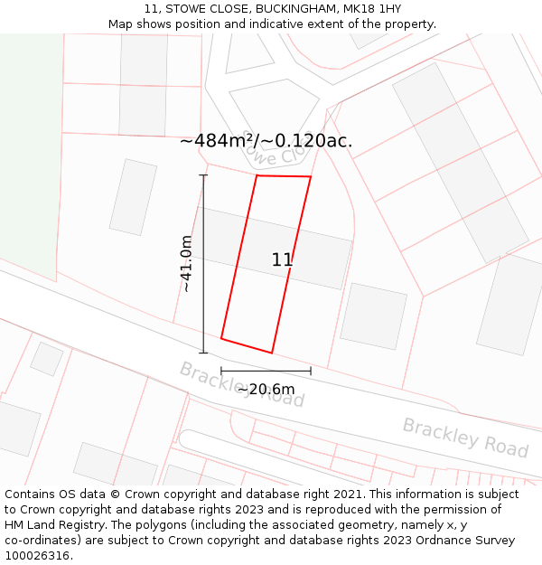 11, STOWE CLOSE, BUCKINGHAM, MK18 1HY: Plot and title map