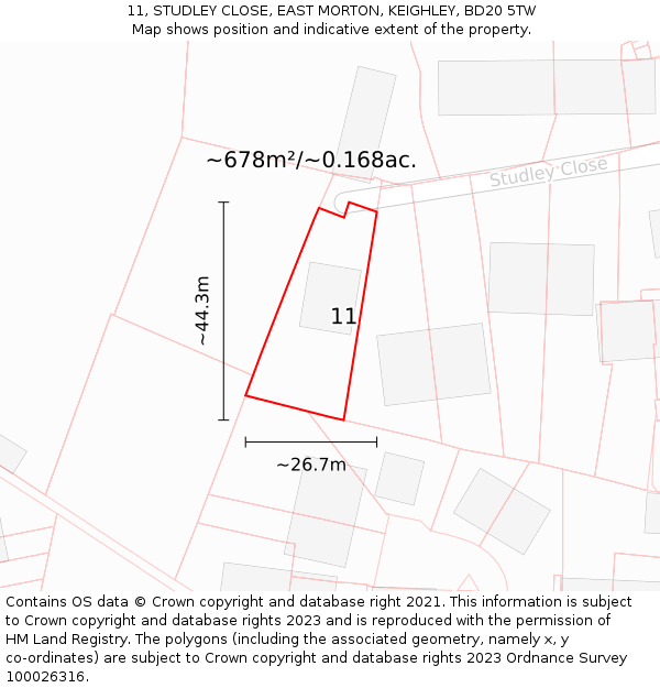 11, STUDLEY CLOSE, EAST MORTON, KEIGHLEY, BD20 5TW: Plot and title map