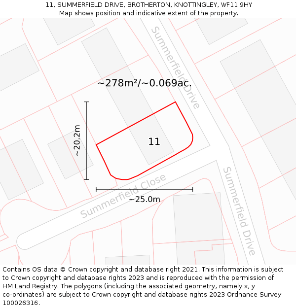 11, SUMMERFIELD DRIVE, BROTHERTON, KNOTTINGLEY, WF11 9HY: Plot and title map