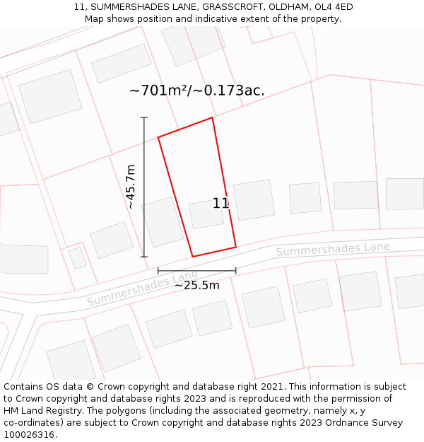 11, SUMMERSHADES LANE, GRASSCROFT, OLDHAM, OL4 4ED: Plot and title map
