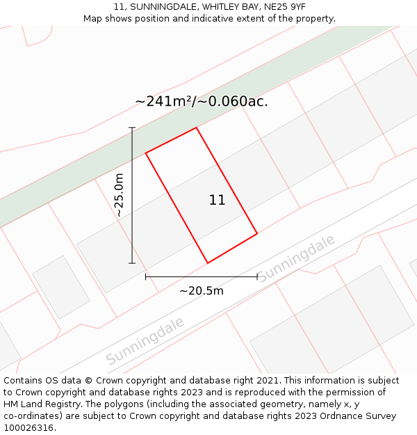 11, SUNNINGDALE, WHITLEY BAY, NE25 9YF: Plot and title map