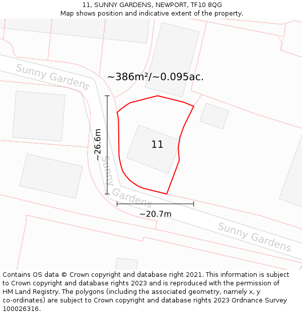 11, SUNNY GARDENS, NEWPORT, TF10 8QG: Plot and title map