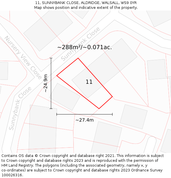 11, SUNNYBANK CLOSE, ALDRIDGE, WALSALL, WS9 0YR: Plot and title map