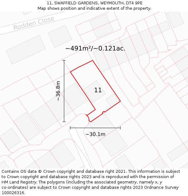 11, SWAFFIELD GARDENS, WEYMOUTH, DT4 9PE: Plot and title map