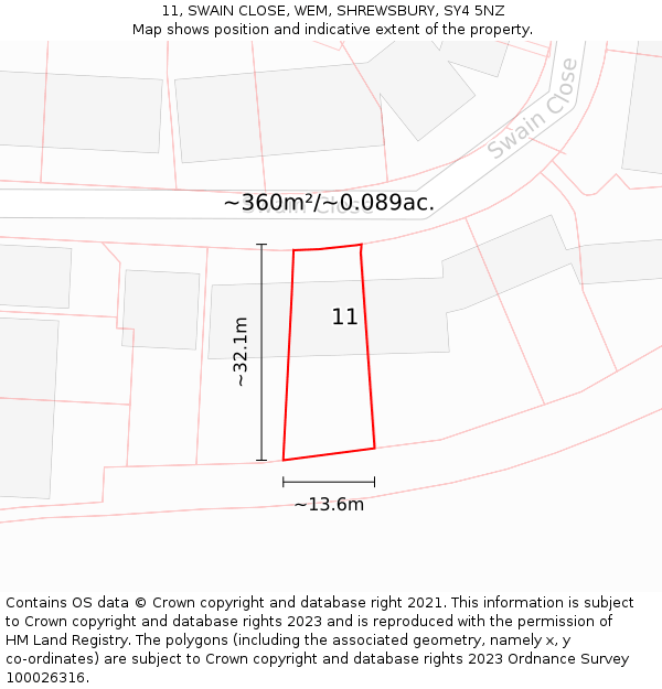 11, SWAIN CLOSE, WEM, SHREWSBURY, SY4 5NZ: Plot and title map