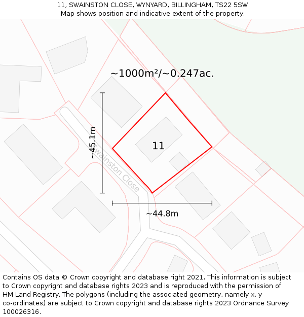 11, SWAINSTON CLOSE, WYNYARD, BILLINGHAM, TS22 5SW: Plot and title map