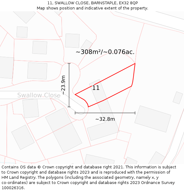 11, SWALLOW CLOSE, BARNSTAPLE, EX32 8QP: Plot and title map