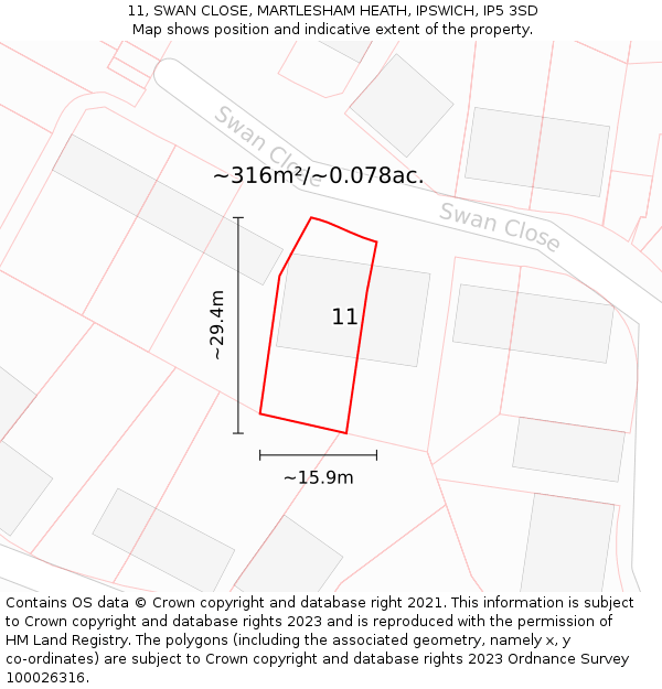 11, SWAN CLOSE, MARTLESHAM HEATH, IPSWICH, IP5 3SD: Plot and title map