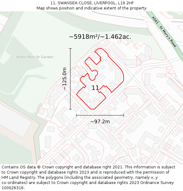 11, SWANSEA CLOSE, LIVERPOOL, L19 2HF: Plot and title map