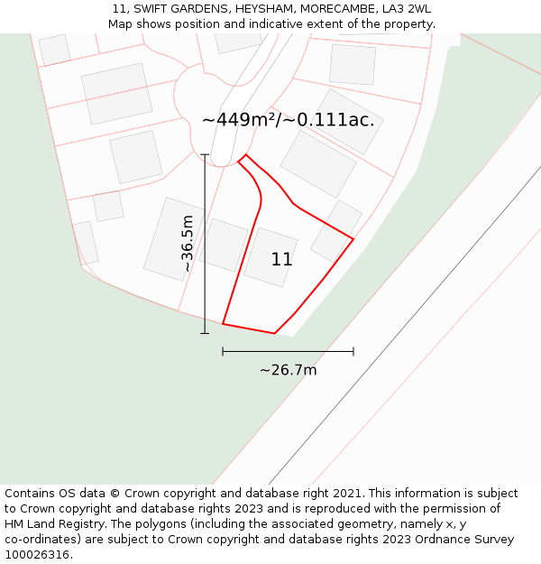 11, SWIFT GARDENS, HEYSHAM, MORECAMBE, LA3 2WL: Plot and title map