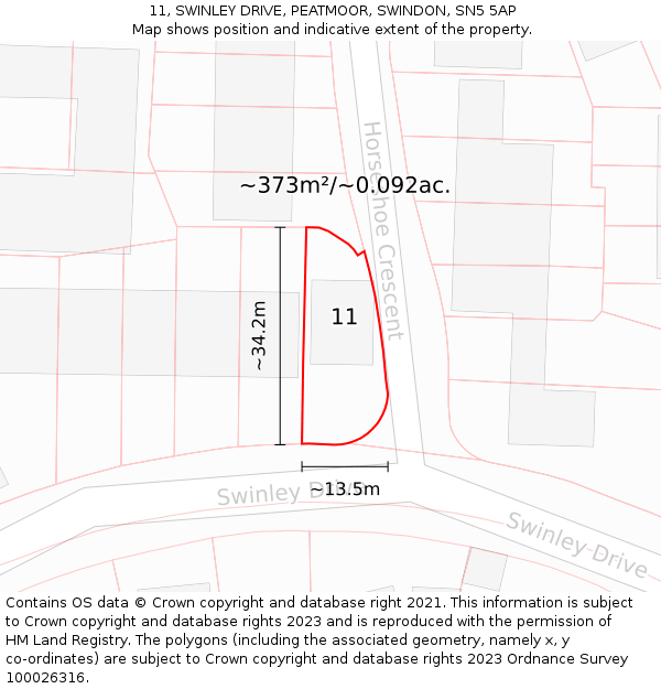 11, SWINLEY DRIVE, PEATMOOR, SWINDON, SN5 5AP: Plot and title map