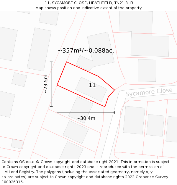 11, SYCAMORE CLOSE, HEATHFIELD, TN21 8HR: Plot and title map