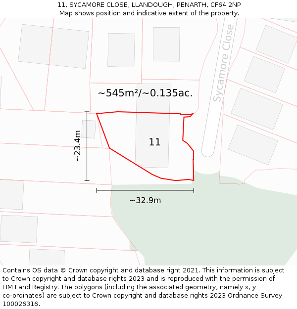 11, SYCAMORE CLOSE, LLANDOUGH, PENARTH, CF64 2NP: Plot and title map