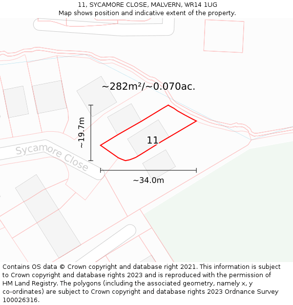 11, SYCAMORE CLOSE, MALVERN, WR14 1UG: Plot and title map