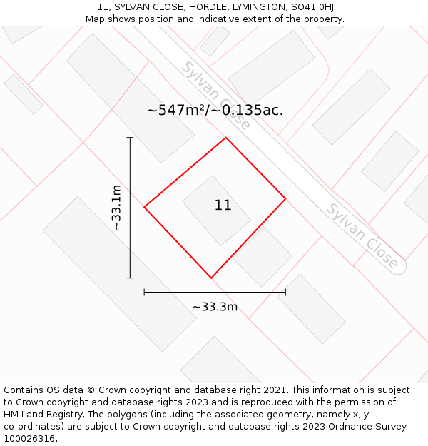 11, SYLVAN CLOSE, HORDLE, LYMINGTON, SO41 0HJ: Plot and title map