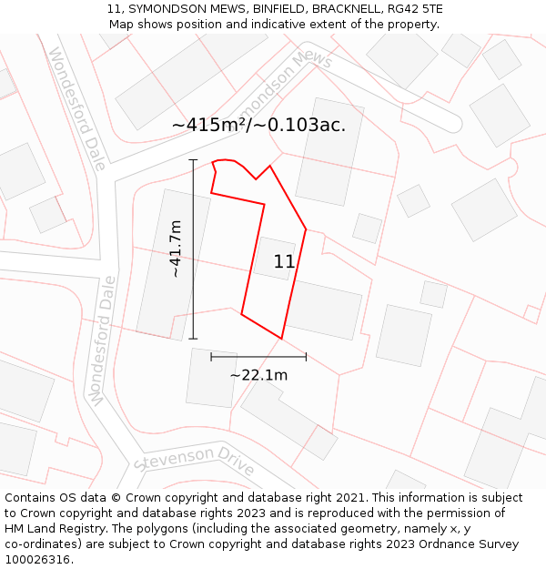 11, SYMONDSON MEWS, BINFIELD, BRACKNELL, RG42 5TE: Plot and title map