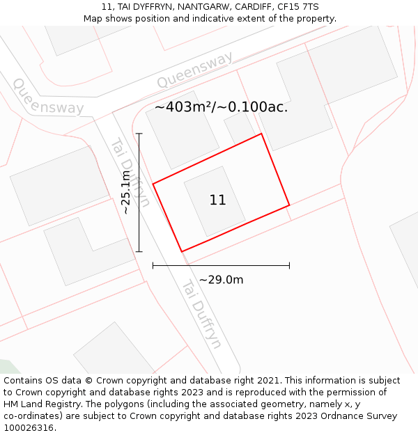 11, TAI DYFFRYN, NANTGARW, CARDIFF, CF15 7TS: Plot and title map