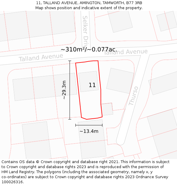 11, TALLAND AVENUE, AMINGTON, TAMWORTH, B77 3RB: Plot and title map