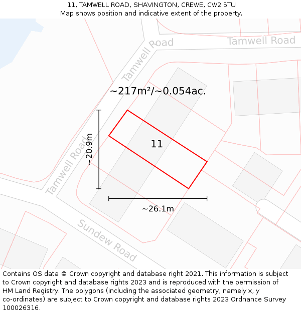 11, TAMWELL ROAD, SHAVINGTON, CREWE, CW2 5TU: Plot and title map