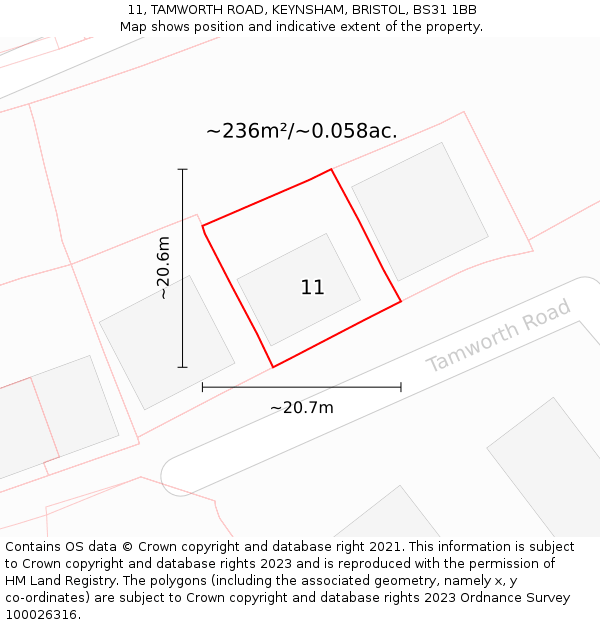 11, TAMWORTH ROAD, KEYNSHAM, BRISTOL, BS31 1BB: Plot and title map