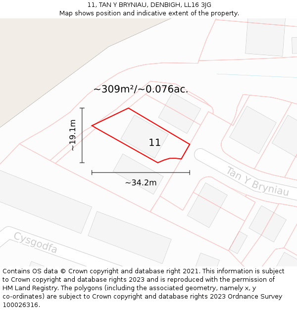 11, TAN Y BRYNIAU, DENBIGH, LL16 3JG: Plot and title map