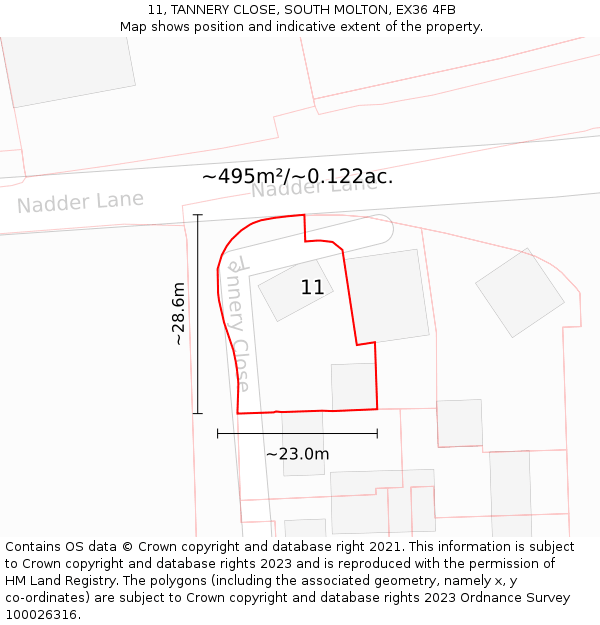 11, TANNERY CLOSE, SOUTH MOLTON, EX36 4FB: Plot and title map