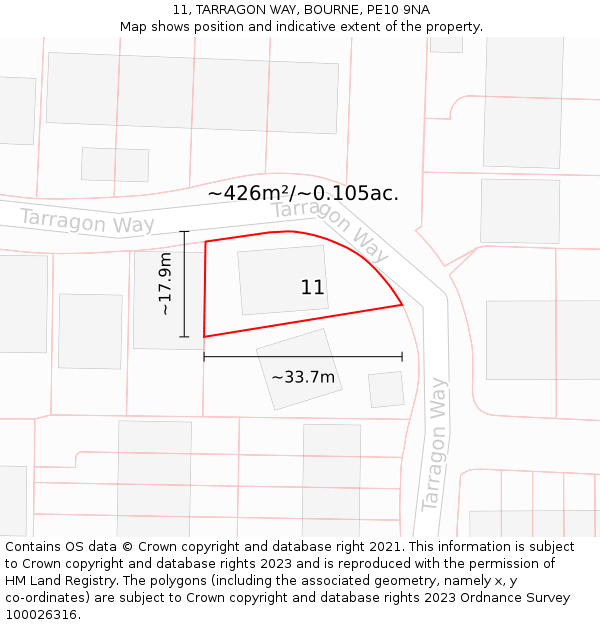 11, TARRAGON WAY, BOURNE, PE10 9NA: Plot and title map