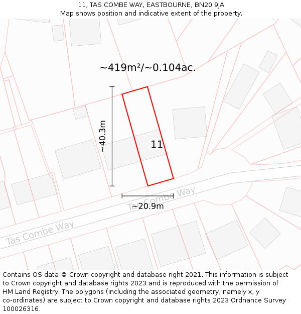 11, TAS COMBE WAY, EASTBOURNE, BN20 9JA: Plot and title map