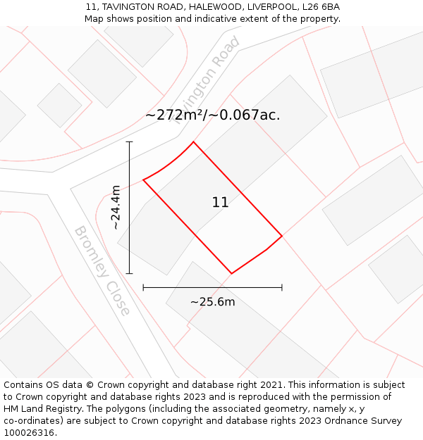 11, TAVINGTON ROAD, HALEWOOD, LIVERPOOL, L26 6BA: Plot and title map