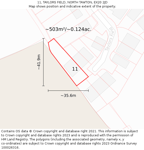 11, TAYLORS FIELD, NORTH TAWTON, EX20 2JD: Plot and title map