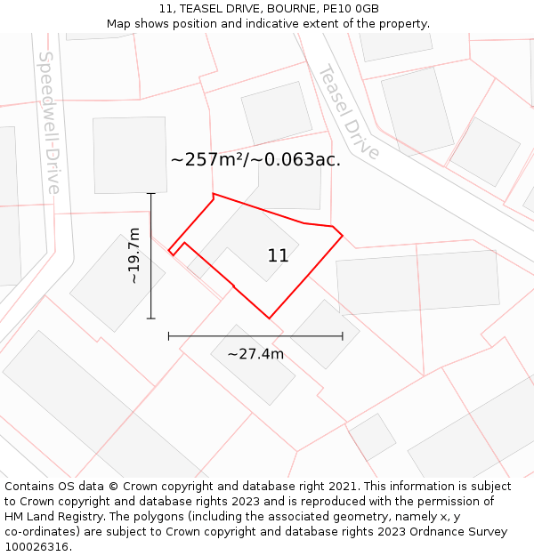 11, TEASEL DRIVE, BOURNE, PE10 0GB: Plot and title map