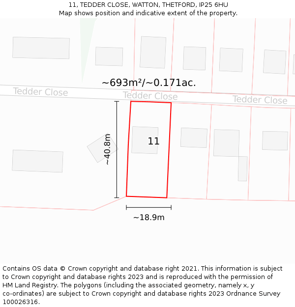 11, TEDDER CLOSE, WATTON, THETFORD, IP25 6HU: Plot and title map