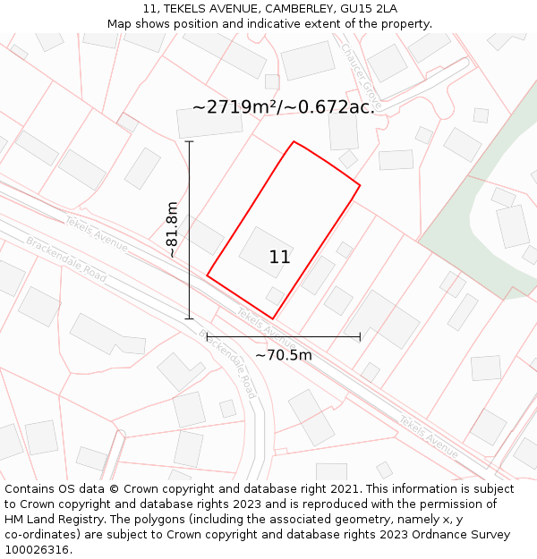 11, TEKELS AVENUE, CAMBERLEY, GU15 2LA: Plot and title map