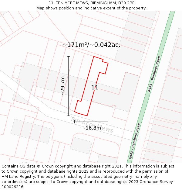 11, TEN ACRE MEWS, BIRMINGHAM, B30 2BF: Plot and title map