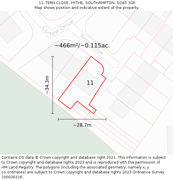 11, TERN CLOSE, HYTHE, SOUTHAMPTON, SO45 3GE: Plot and title map