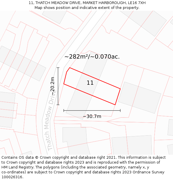 11, THATCH MEADOW DRIVE, MARKET HARBOROUGH, LE16 7XH: Plot and title map