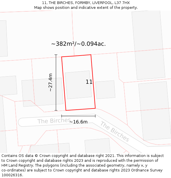 11, THE BIRCHES, FORMBY, LIVERPOOL, L37 7HX: Plot and title map