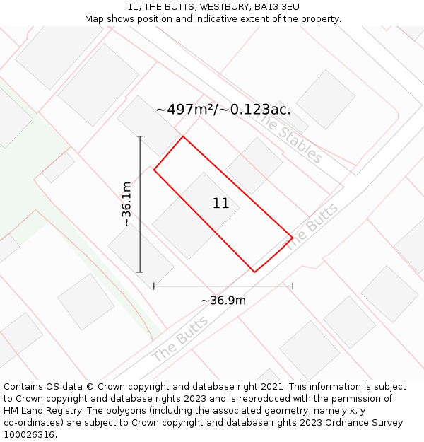 11, THE BUTTS, WESTBURY, BA13 3EU: Plot and title map