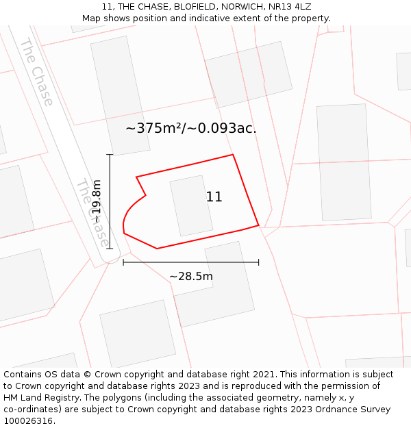 11, THE CHASE, BLOFIELD, NORWICH, NR13 4LZ: Plot and title map