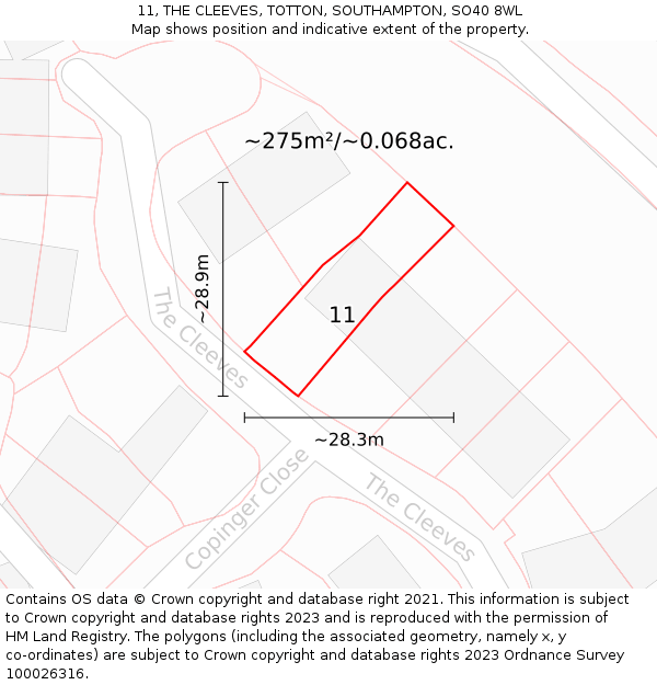 11, THE CLEEVES, TOTTON, SOUTHAMPTON, SO40 8WL: Plot and title map