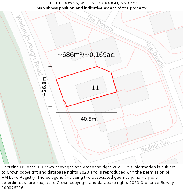 11, THE DOWNS, WELLINGBOROUGH, NN9 5YP: Plot and title map
