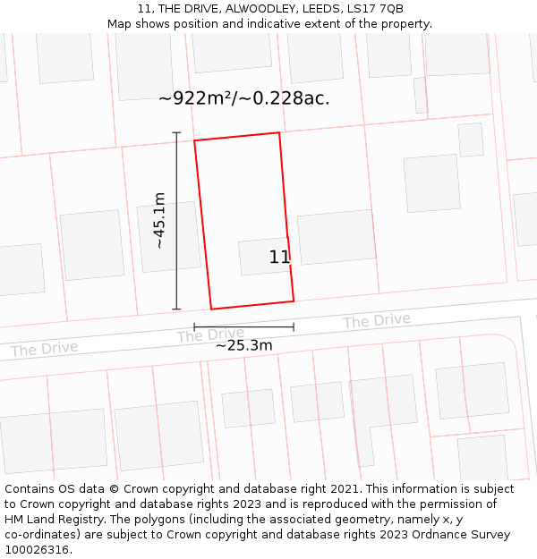 11, THE DRIVE, ALWOODLEY, LEEDS, LS17 7QB: Plot and title map