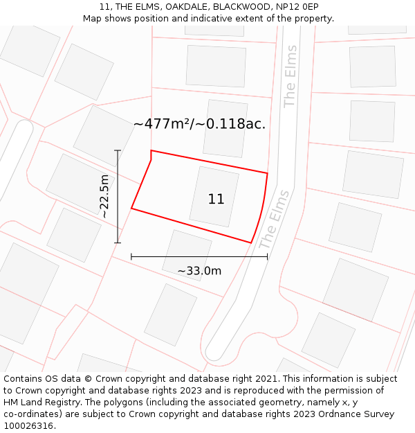 11, THE ELMS, OAKDALE, BLACKWOOD, NP12 0EP: Plot and title map