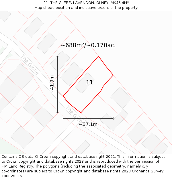 11, THE GLEBE, LAVENDON, OLNEY, MK46 4HY: Plot and title map